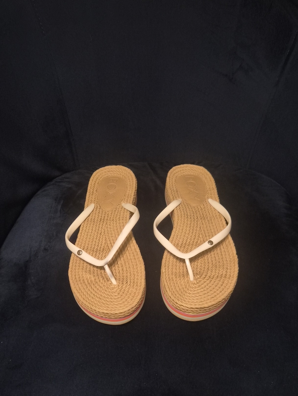 Roxy Women's Tan Woven Footbed Sandals with White Straps and Subtle Pink Trim